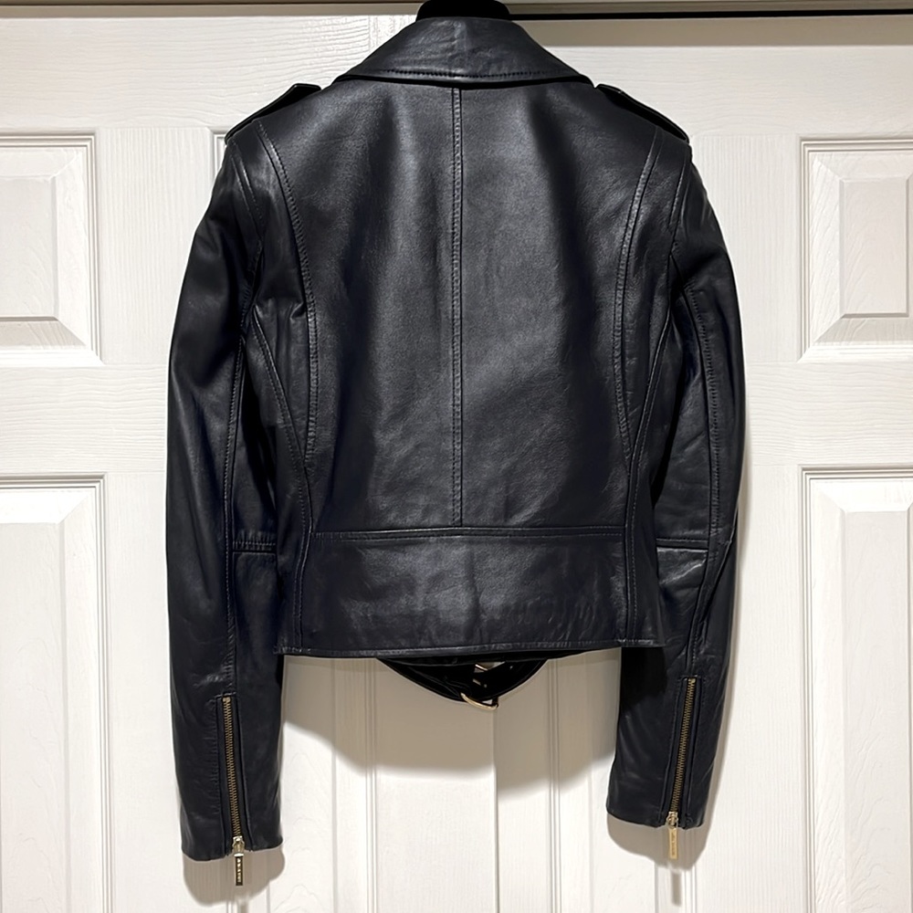 MICHAEL BY MICHAEL KORS MOTO MIDNIGHT BLUE BLACK LEATHER JACKET & GOLD HARDWARE - Picture 2 of 11